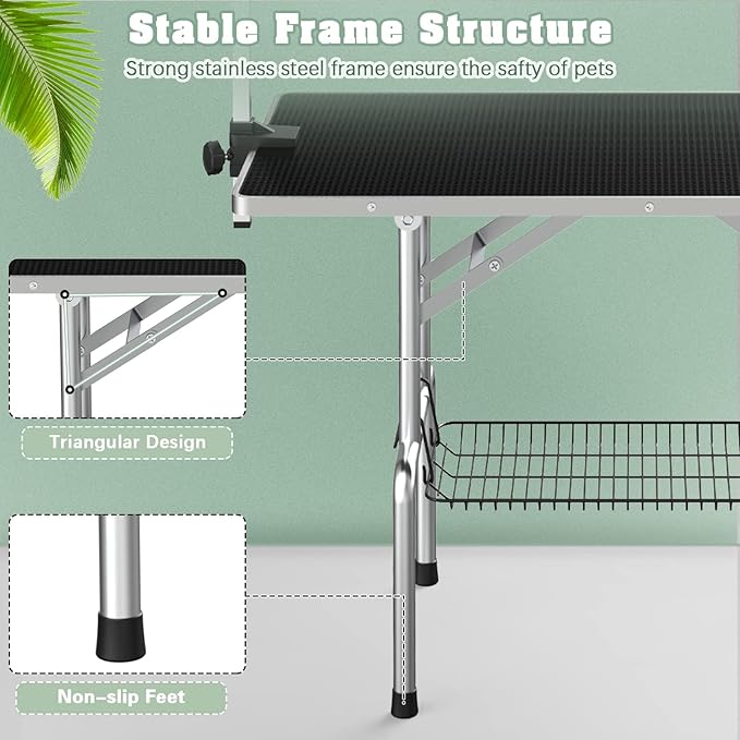 Dog Grooming Table, Adjustable Large Pet Drying Desktop, Foldable Bathing Desk with Arms, Noose, Mesh Tray, Maximum Capacity Up to 330Lb, 42in, Black