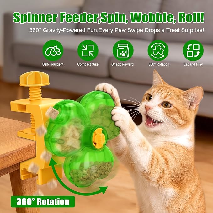 Cat Slow Feeder Puzzle Toy with Clamp Mount, Interactive Clover Treat Dispenser for Small Dogs & Cats, 3 Adjustable Feeding Openings for Dry Food, Enrichment Food Dispenser for Indoor/Outdoor