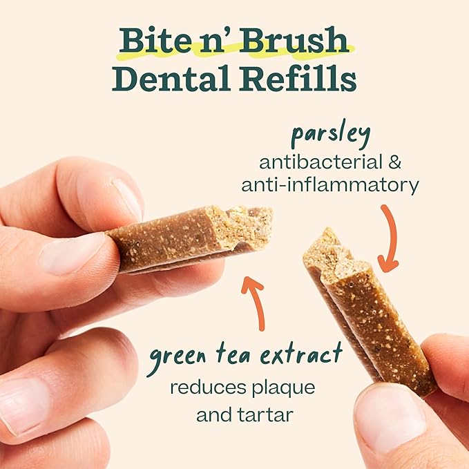 WOOF - Bite n' Brush Refills Treats for the Dog Toothbrush Toy - Scrub Plaque and Tartar from Your Dog's Teeth and Mouth - Dog Dental Sticks - Approximately 18 Refills - Beef