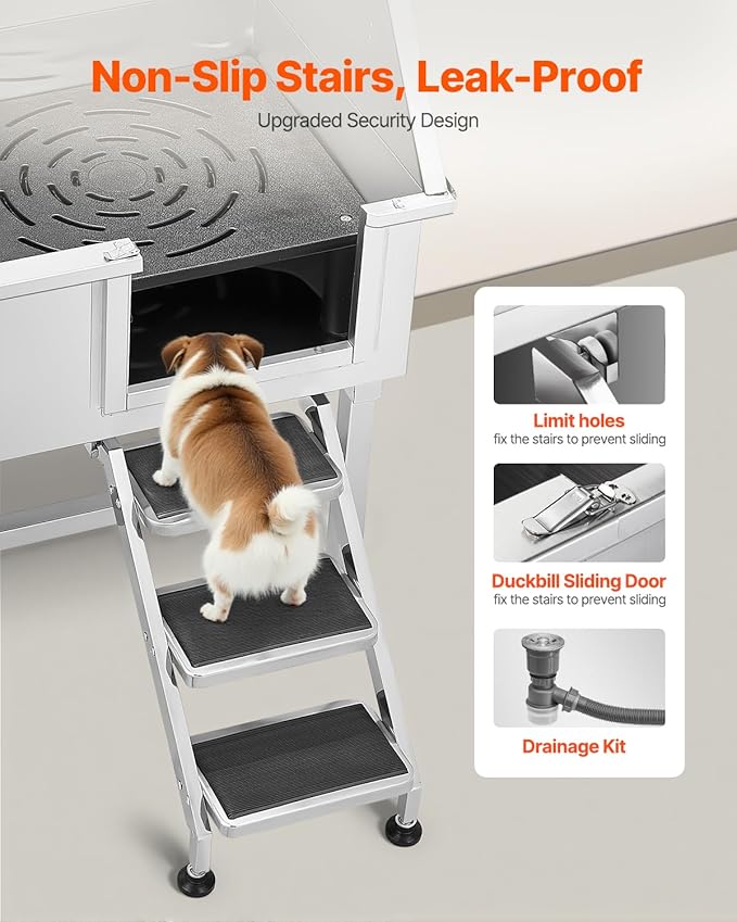 VEVOR 38 Inch Stainless Steel Dog Washing Station, Pet Grooming Tub with Hot & Cold Faucet, Showerhead, Home Wash Sink, Fits Small and Medium Cats and Dogs, Non-Slip Stairs (Right Door)