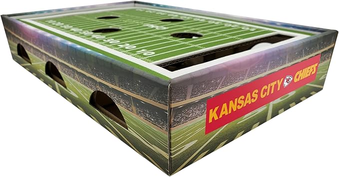 NFL Kansas City Chiefs Football Stadium Cat Scratcher Find & Play Box With 2 Jingle Bell Balls - Game Day Toy, Field Felt Scratcher, Play and Lounge Stimulating Game
