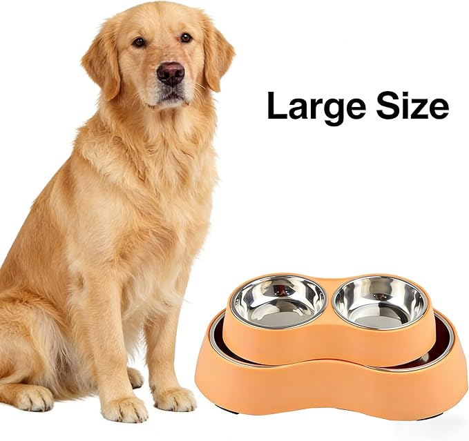 Small Orange Double Pet Bowl – Non-Slip Stainless Steel Food & Water Set for Cats, Kittens & Small Dogs, BPA-Free Mess-Free Feeding Dishes