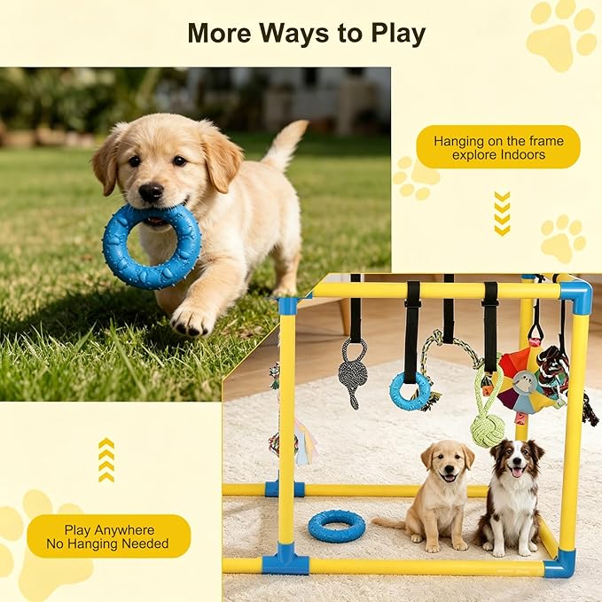38" Extra Large Puppy Play Gym Jungle Gym with 14 Toys, Indoor Dog Activity Center with Adjustable Elastic Tug Straps, Spacious PVC Design for Small Dogs & Puppies 0-6 Months