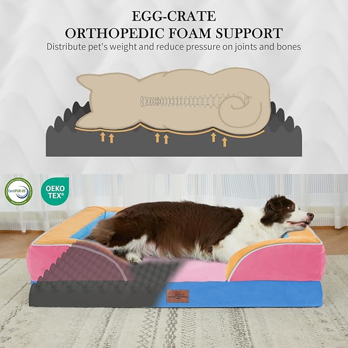 Comfort Expression Orthopedic Dog Bed for Extra Large Dogs 45x35 Inch, Waterproof Egg Crate Foam XL Pet Bed with Bolsters, Dog Couch with Washable Cover & Non-Slip Bottom, Bubblegum Cove