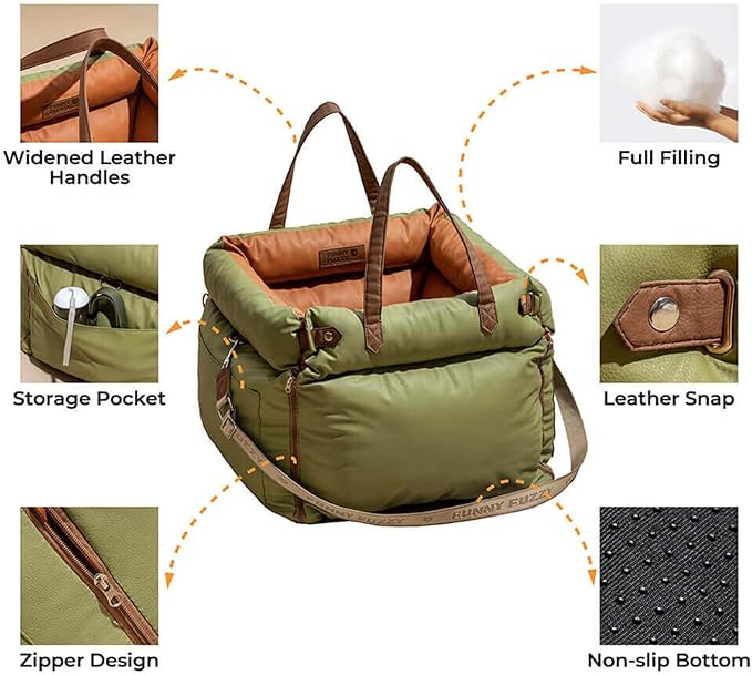 FUNNYFUZZY Luxury Dog Car Seat for Small Medium Dogs Under 35 lbs, Waterproof Leather Pet Booster Seat with Safety Leash & Anti-Slip Base, Fully Padded Dog Car Bed, Portable Puppy Carrier(Green)