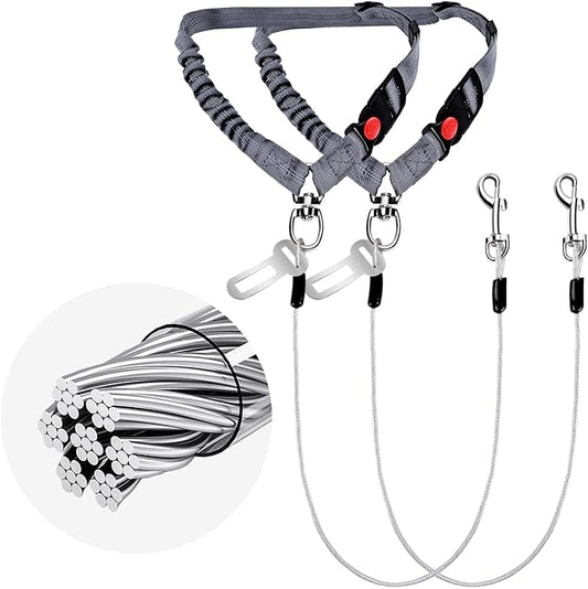 2 Pack Chew Proof Dog Seat Belt with Steel Cable, 2 in 1 Car Harness for Medium & Large Dogs Chewer Heavy Duty Dog Seatbelts