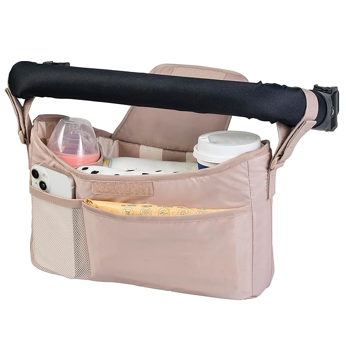 Tiny Twinkle Universal Stroller Organizer with Adjustable Strap | Waterproof Stroller Caddy Fits Baby Jogger, Nuna, Graco, Donna and Bugaboo Strollers (Beige Checkers）