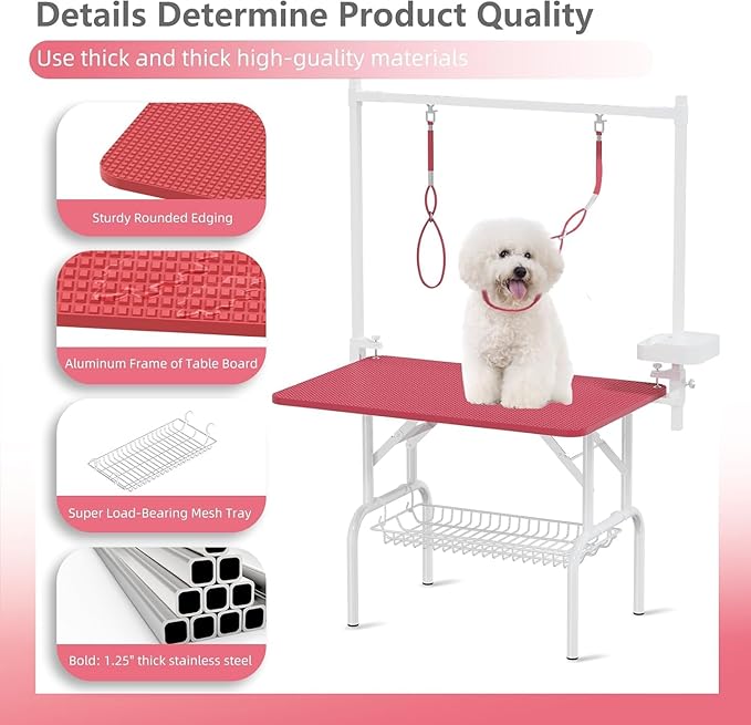 Professional Dog Pet Grooming Table Adjustable Heavy Duty Portable w/Arm & Noose & Mesh Tray (Pink, 46")