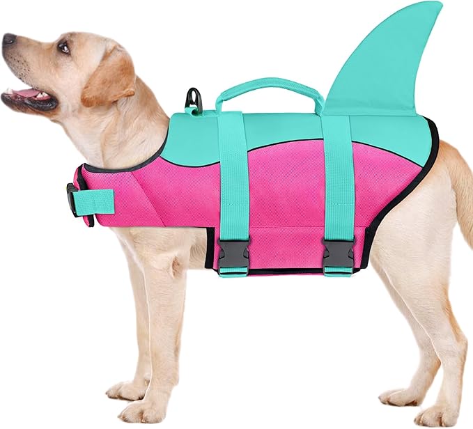 Malier Dog Life Jacket, Ripstop Dog Life Vest with High Buoyancy for Swimming Boating, High Visibility Shark Puppy Lifesaver for Small Medium Large Dogs (Large)