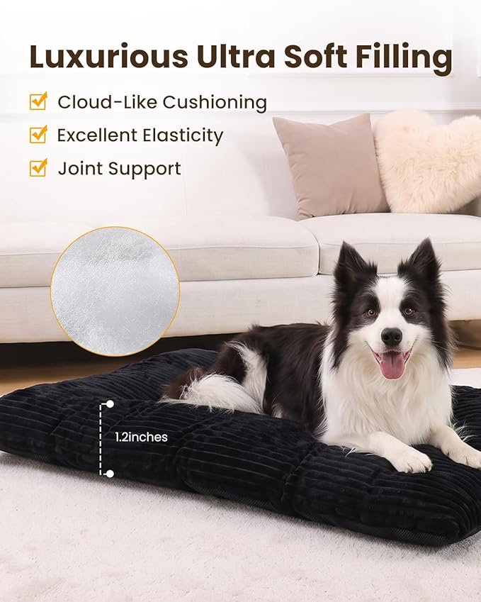 KSIIA Dog Crate Bed Washable Dog Beds for Large Dogs Deluxe Thick Flannel Fluffy Comfy Kennel Pad Anti-Slip & Anti-Scratch Pet Sleeping Mat, 41 x 27 Inch, Black
