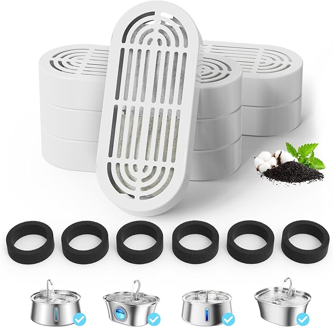 Cat Water Fountain Filter Pet Drinking Fountain Filter for 3.2L/108oz Cat Drinking Fountain and 4L/134oz Stainless Steel Pet Water Fountain (6 Filters & 6 Pre-Filter Sponges)