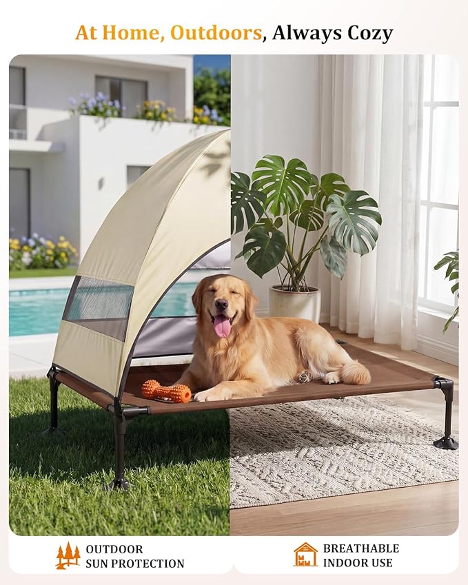Elevated Outdoor Dog Bed with Canopy, Raised Dog Cot with Stable Adjustable Feet, Dog Camping Bed with Larger Shade, Lifted Dog Tent Bed with Canopy for Outside (Beige, Large)