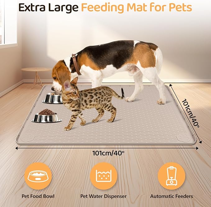 Dog Food Mat, Extra Large 40" x 40" Silicone Pet Feeding Mat with Raised Edge Pet Placemat for Small, Medium, and Large Pets Non-Slip, Easy to Clean (Khaki)