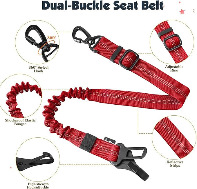 Pawaboo Dog Seat Belt Harness for Car, Dog Car Harness Seatbelt with Double Clips, Adjustable Breathable Pet Vest & Dogs Safety Tether with Elastic Bungee for Small Medium Large Pet, M, Red+Black