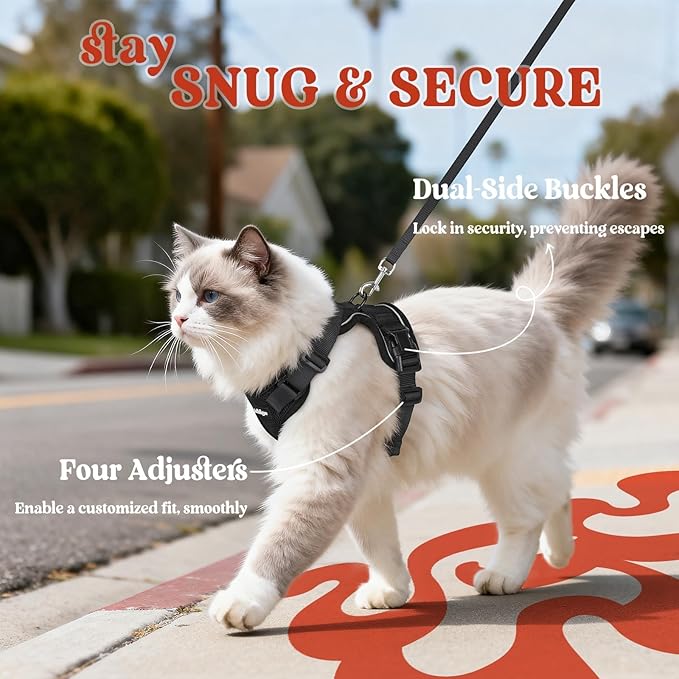 rabbitgoo Cat Harness and Leash Set, Escape Proof Vest Harness for Safe Outdoor Walks, Soft Breathable Adjustable Vest with Reflective Strips for Small and Average Cats, Black, S