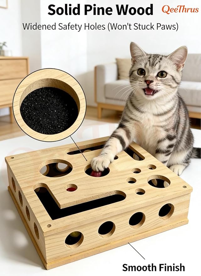 Cat Nail File Scratcher Puzzle Box, Wooden Claw Saver Maze with Built-in Sandpaper for Clipper-Free Claw Care, Treat Enrichment Toy for Indoor Cats