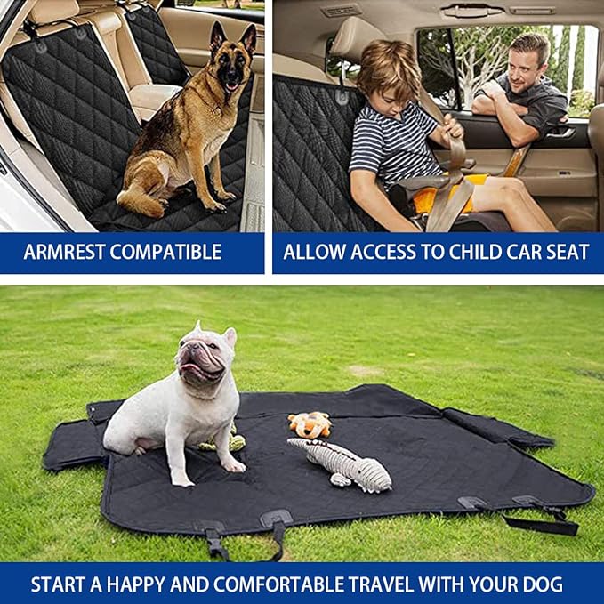 BESULEN Dog Car Seat Cover for Back Seat, Waterproof Dog Bench Seat Pad Compatible for Armrest & Seat Belt, Universal Nonslip Durable Soft Pet Backseat Protector for Cars Trucks & SUVs (Black)