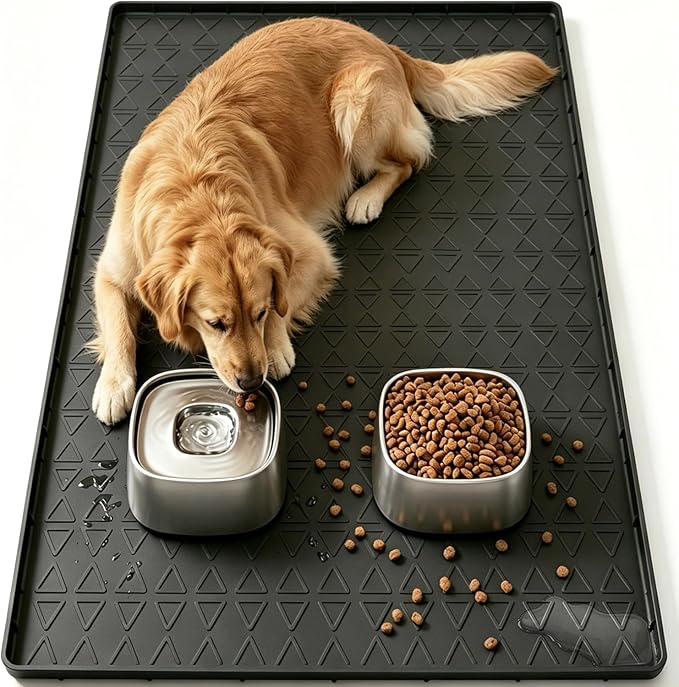 Large Silicone Dog Food Mat with Raised Edge, Waterproof Non-Slip Pet Feeding Mat for Floors, Dog Bowl Mat for Food and Water, Spill Proof Cat & Dog Feeding Placemat, Easy Clean, 34 x 22, Black