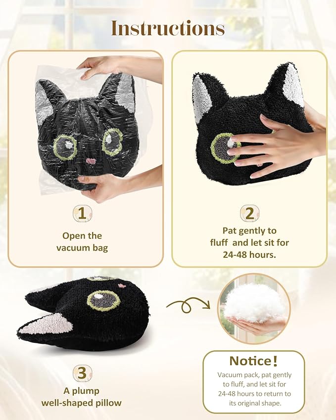 Black Cat Shaped Throw Pillow - Cute Decorative Plush Throw Pillow for Couch, Sofa, or Living Room, 13" x 13" Soft Stuffed Cushion for Home Decor