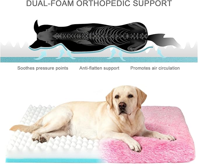 Orthopedic Dog Bed for Medium Dogs, Dual-Layer Memory & Egg-Crate Foam, Washable Warm Winter Plush Cover, Waterproof Liner, Non-Slip Bottom, Crate/Kennel Pad, 35 x 22 Inch, Pink