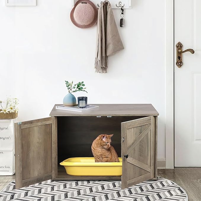 Timberer Cat Litter Box Enclosure, Litter Box Furniture Hidden with Removable Divider, Wooden Cat Washroom Furniture, Greige
