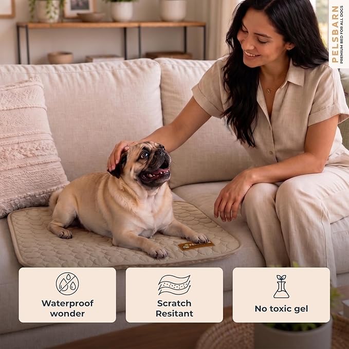 Pelsbarn Dog Cooling Mat- Ice Silk Summer Comfort, Self Cooling, Non-Slip Dog Pad, Durable & Washable, Mat for Small Dogs 18 x 21, Support Shelter Dogs with Every Purchase (Beige)
