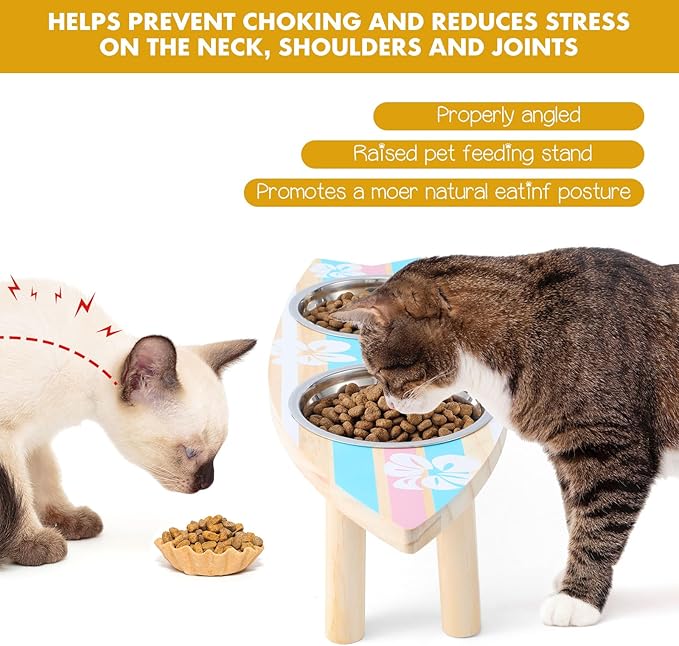 Elevated Puppy Bowls Raised Cat Bowl Holder, 17" x 4.3" Stand Sturdy Surfboard Pet Feeder with Two Detachable Stainless Steel Bowls Suitable for Cats Kittens Puppies