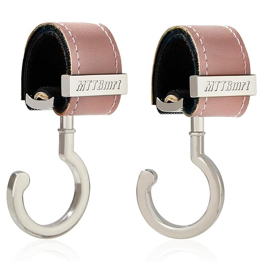 2 Pack Stroller Hooks,Strong Synthetic Leather Hook-and-Loop Fastener&High-Quality Metal Hooks,Universal Bag Clip|360° Rotation, 66lb Capacity,Non-Slip-Fits Wheelchair(Pink-Silver)