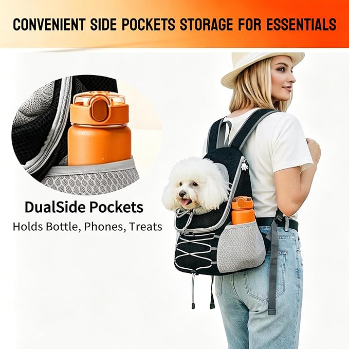 Breathable Dog Carrier Backpack for Small Dogs 2-15 lbs, Front & Back Carry Puppy Backpack with Head-Out Design for Hiking Walking, Black Grey (S)