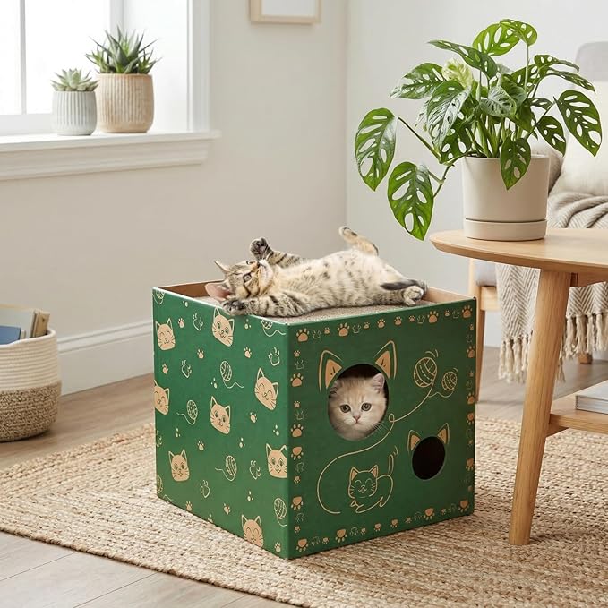 Pumtus 2 Pack Cardboard Cat Houses, Cat Play House with 2 PCS Scratching Pad, Corrugated Kitten Hideaway Cave, Cute Cats Condos Box, Cat Scratching Toy, Scratcher Bed for Indoor Cats, Kittens, Bunny