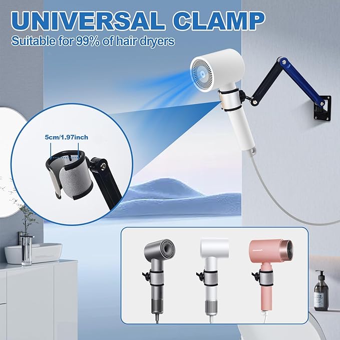 Hands Free Hair Dryer Holder Wall Mounted - Adjustable Angle Blow Dryer Holder Equipped with Universal Holder Allowing You to Dry Hair Hand Freely