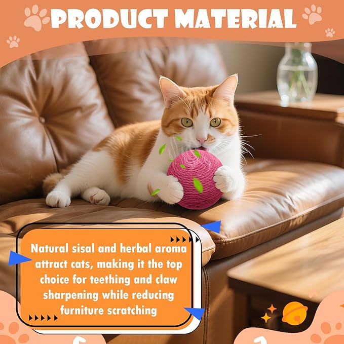 3.94 inch Sisal Cat Ball Toy, Interactive Natural Cat Scratching Ball, Perfect Scratcher for Cats' Exercise and Fun (Rose Red)