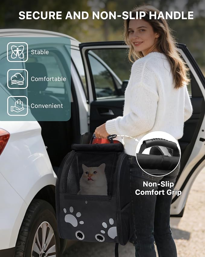 Cat Backpack Carrier with Comfort Handle, Ventilated Cat Backpack with Reflective Strips, with Chest and Shoulder Buckles, Foldable Cat Carrying Backpack for Kitty Small Dog up to 15lbs(Black).