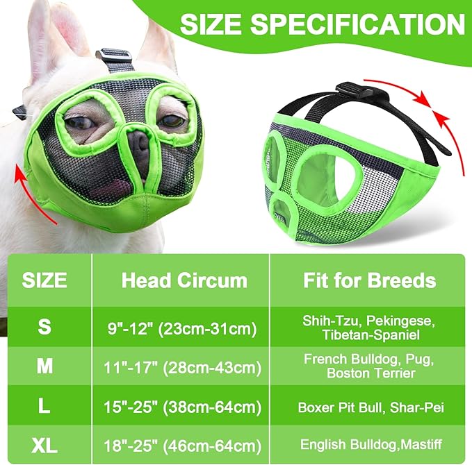Short Snout Dog Muzzles- Adjustable Breathable Mesh Bulldog Muzzle for Biting Chewing Training Grooming Dog Mask,Green L