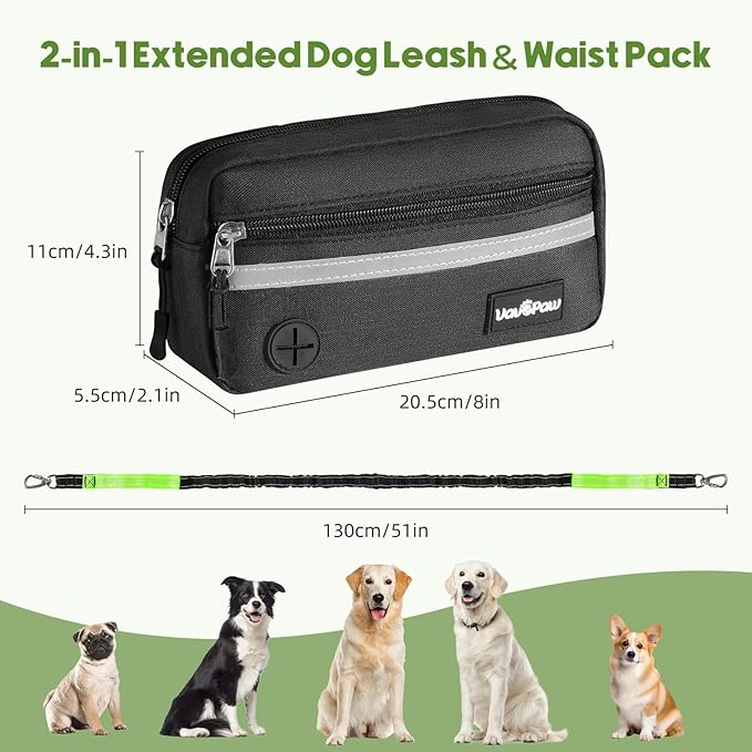 VavoPaw Hands Free Dog Leash with Pouch, Waist Leash for Dog Walking, Jogging, Hiking, Retractable Leashes with Dual Padded Handles, Adjustable Reflective Belt for Small Medium Large Dogs, Black Green