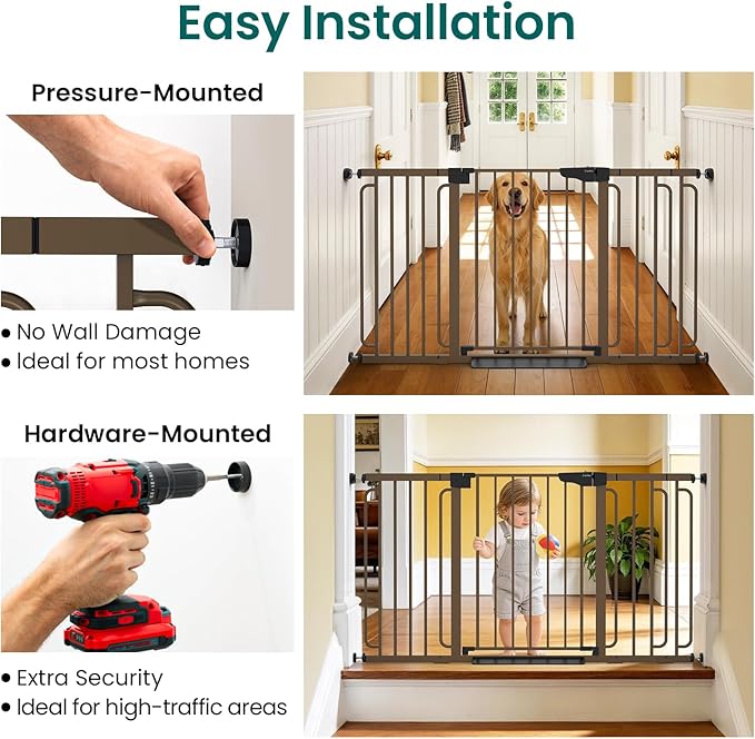Cumbor 30.4-56.8" Extra Wide Baby Gate for Stairs, Dual Lock & Self-Closing Dog Gate Indoor, Easy Install Pet Gate for Doorways & Wide Openings, Easy Walk Thru Safety Proofing for Babies & Pets, Brown