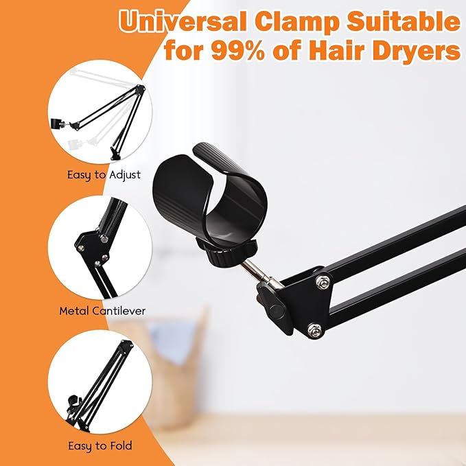 Hivexagon Hair Dryer Clamp Stand - Multi Angle Adjustable Stand, Multifunctional Stand, Metal Cantilever Metal Base Stand, Allow You to Dry Hair Hand Freely