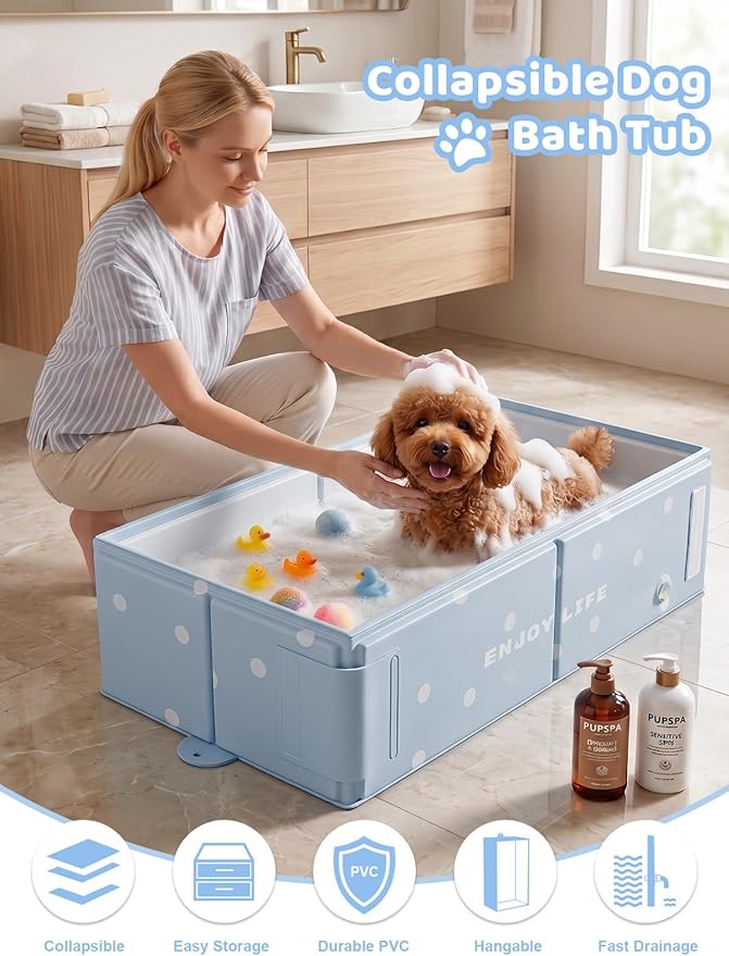 Collapsible Pet Bathtub with Side Drain Plug,Easy Hanging, Foldable Portable Tub for Dogs Bath, Non-Slip Rigid Waterproof Dog Bath Tub for Home, for Small Dogs, Medium Dogs & Cats (Blue)