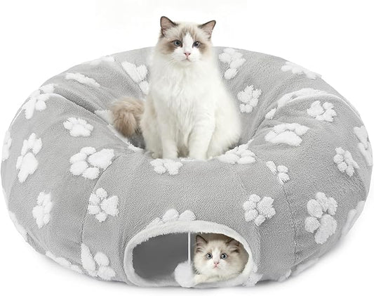 Homimp Cat Tunnel Bed with Central Mat,Large Tube Playground with Plush Ball Toy,Peekaboo Cat Cave with Washable Circle Cushion for Indoor Cats,Pop Up Bed HidePlace for Kitten Puppy Rabbit, Grey Paw
