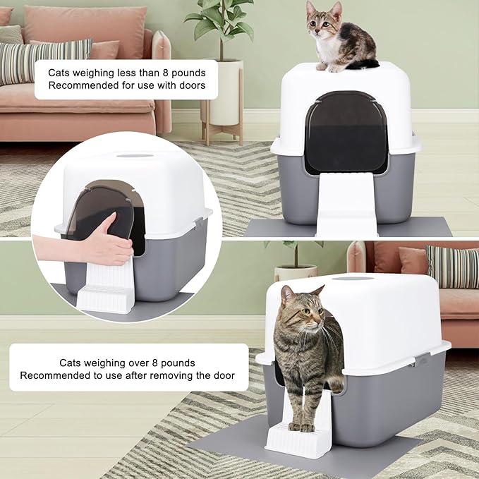 Sfozstra Grey Enclosed Cat Litter Box with Lid - Includes Sand Pedal & Carry Handle, Lift-Off Buckle Lock for Easy Cleaning, High Sides Anti-Leak, Odor Control with Deodorizer, for Cats Under 8 lbs