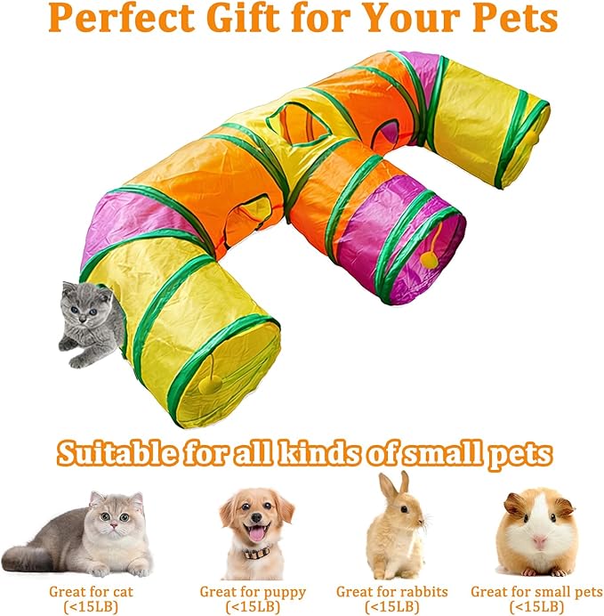 3 Way Collapsible Cat Tunnels with Interactive Ball, E Shape Folded Pet Tube Toy for Indoor Cats, Puppy, Kitty, Kitten, Rabbit