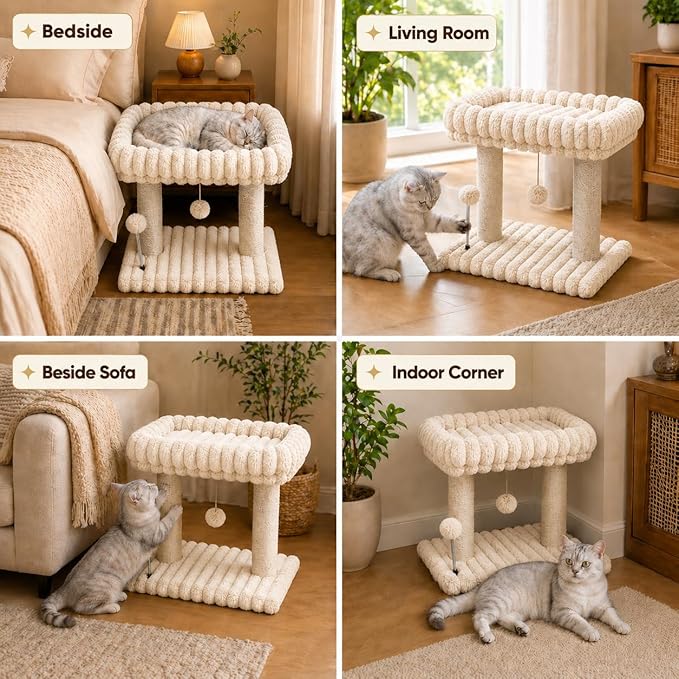 Cat Tree with Cat Scratching Post for Indoor Cats,Small Cat Tower with Soft Large Perch Bed Sisal Scratcher for Medium Cats and Kitten,Activity Play Centre Spring & Hanging Toy Balls,Beige