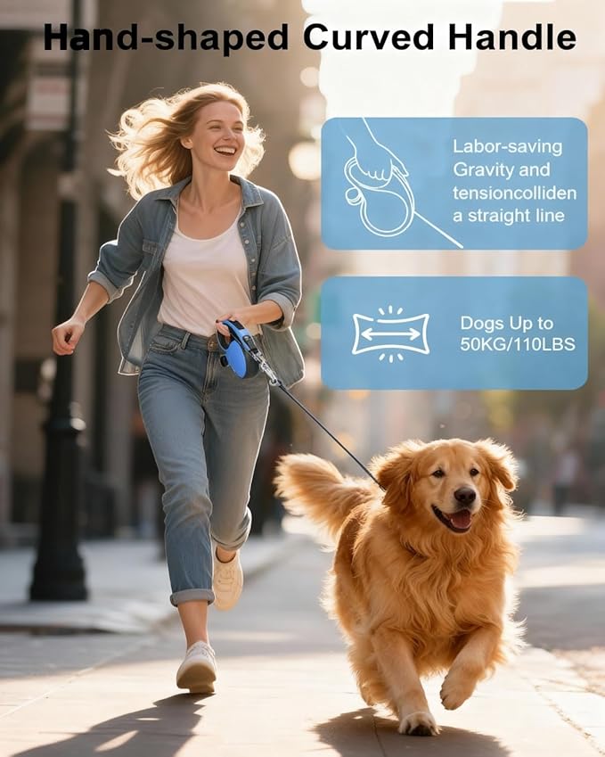 26FT Heavy Duty Retractable Dog Leash for Large Dogs Up to 110lbs,Chew Proof Nylon,360° Tangle-Free,One-Hand Brake Lock,Anti-Slip Grip,Extendable Leash with Poop Bag Holder (Blue)