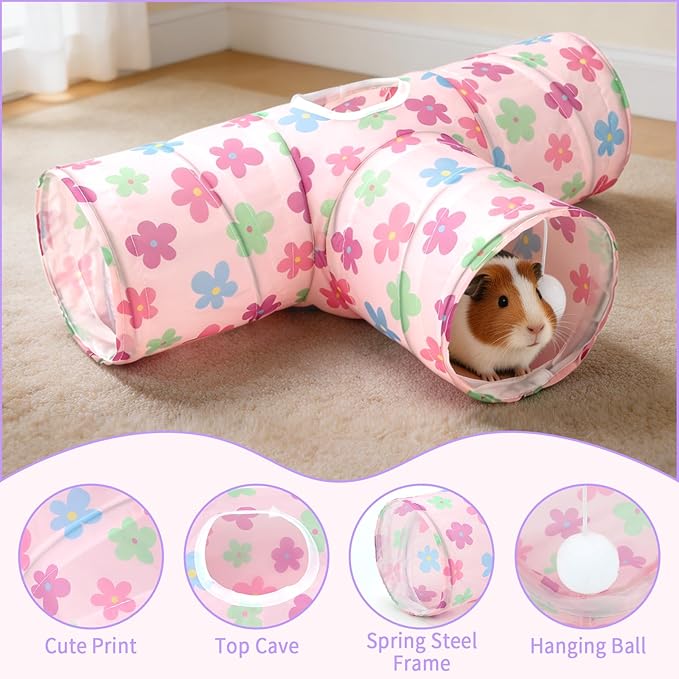 Rypet 3-Way Guinea Pig Tunnel, Collapsible Small Animal Enrichment Toy with Ball, Foldable Rabbit & Hamster Tunnel for Boredom Relief, Washable, Indoor/Outdoor Play