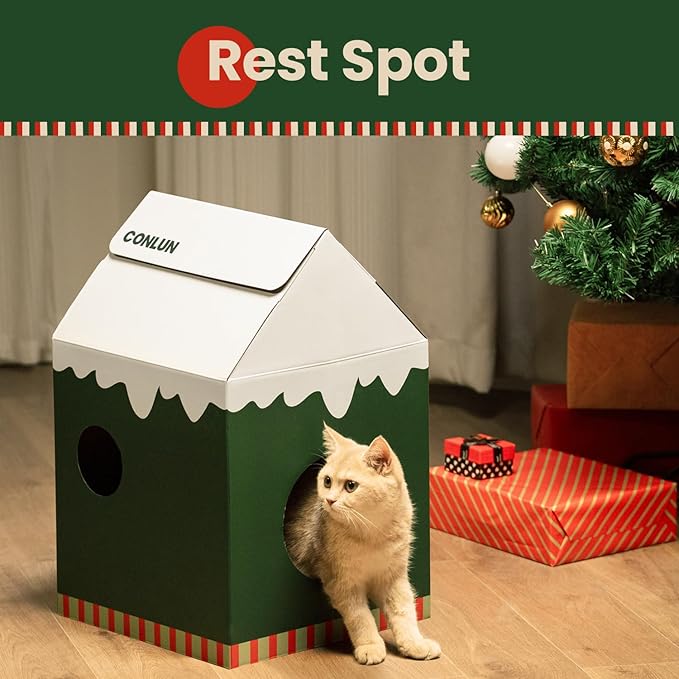 Conlun Cardboard Cat House with Scratch Pad & Catnip, Cat Play Scratching House for Indoor Hideaway Furniture, Heavy Duty Sturdy Cardboard Scratcher, Easy to Assemble Birthday Gift, Medium