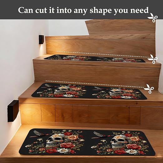 Abstract Skull Colorful Flower Stair Treads for Wooden Steps Indoor Washable Staircase Carpet 15PCS 30"x7.8" Stair Step Treads Non-Slip Staircase Covers Peel and Stick Safety Mat for Kids Elders Pets