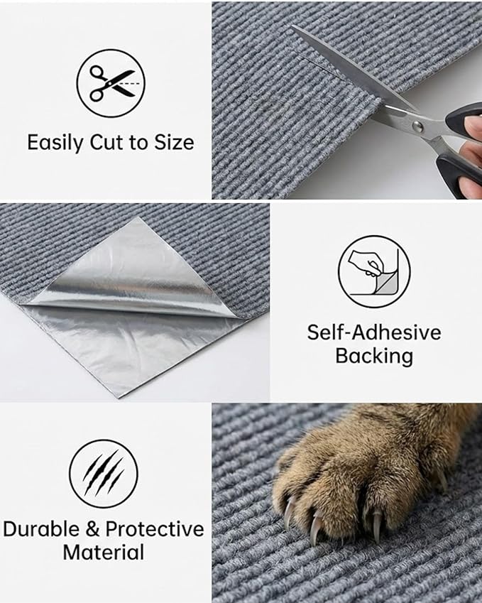 Corner & Wall Cat Scratch Mat, Self-Adhesive Trimmable Cat Scratcher, Wall Mounted Scratching Pad for Indoor Cats, Sofa Furniture Protector, Cat Post Cover Replacement (Grey, 23.6''x11.8'', 3-Pack)