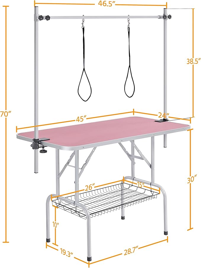 Topeakmart 45-inch Foldable Dog Grooming Table with Adjustable Arm, Clamps, Two Grooming Noose Maximum Capacity Up to 265Lb, Pink