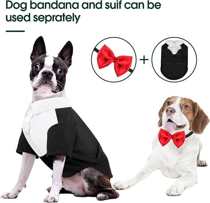 Kuoser Dog Tuxedo and Bandana Set, Dog Wedding Suit with Bow Tie, Formal Pet Tux Party Birthday Costume Shirt for Small Medium Large Dogs, Puppy Prince Attire Outfit for Halloween Valentines Christmas