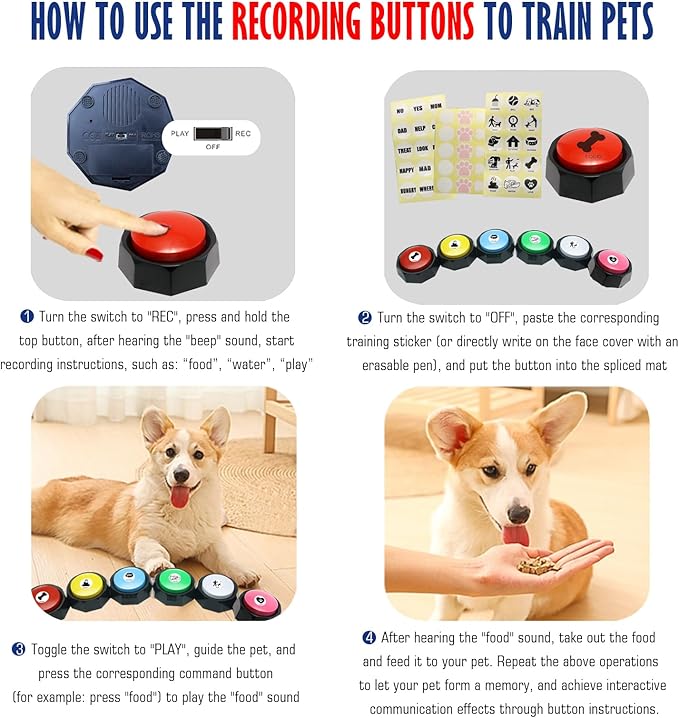 Dog Buttons for Communication 6 Color Training Buttons t, 30s Recordable Pet Training Buttons, Set with 45 Stickers & Magic Tape (Cats/Dogs/Office Games)
